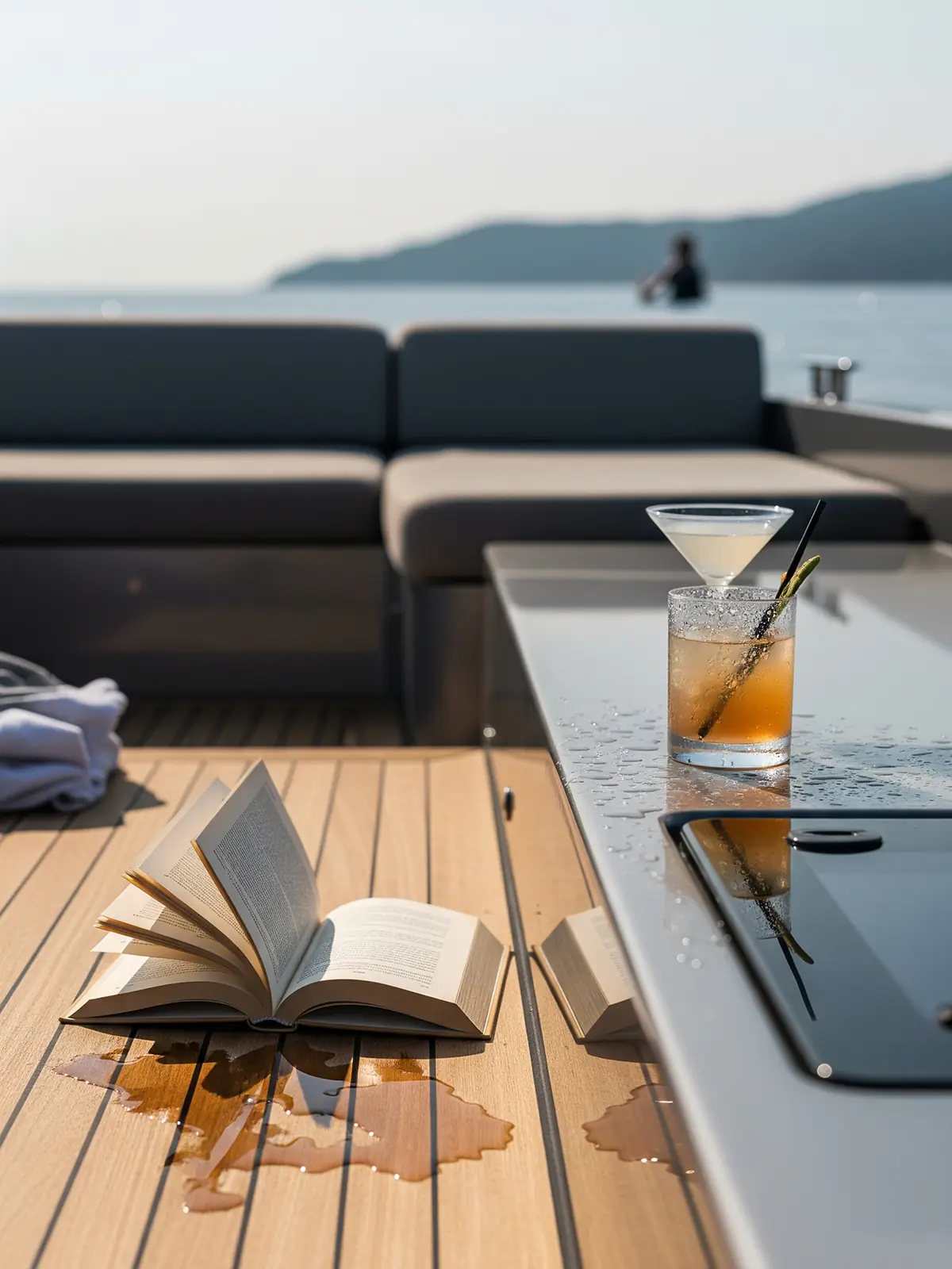 Göcek'te bir yatın ahşap güvertesinde, gün batımı ışığında bırakılmış bir kitap ve iki ferahlatıcı içeceğin yer aldığı sakin ve lüks bir tatil anı.