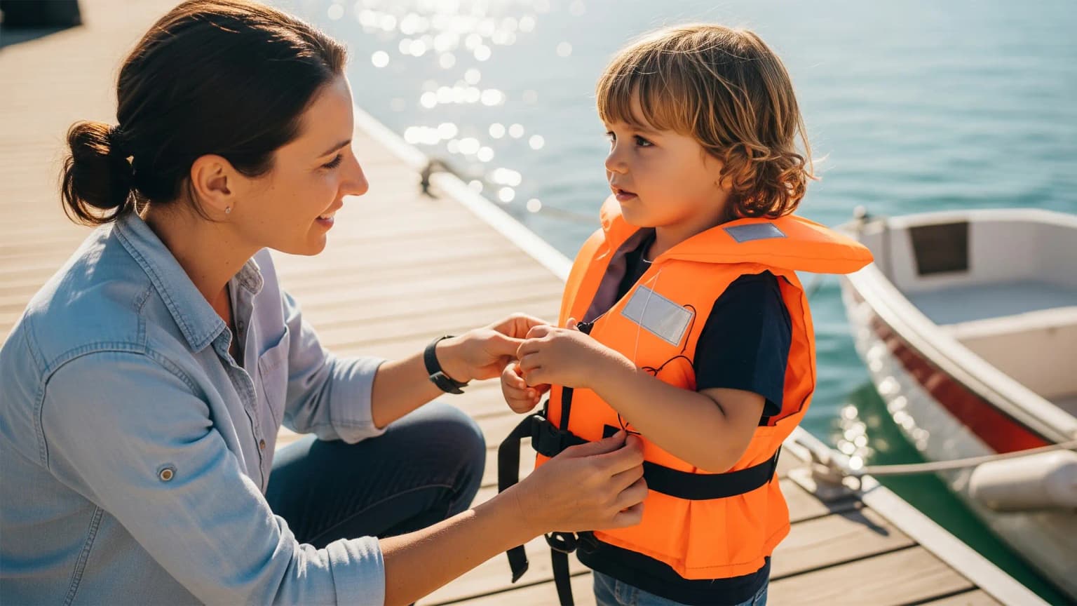 A parent helping their child put on a life jacket on a boat deck. A moment emphasizing the importance of child safety during boat trips.