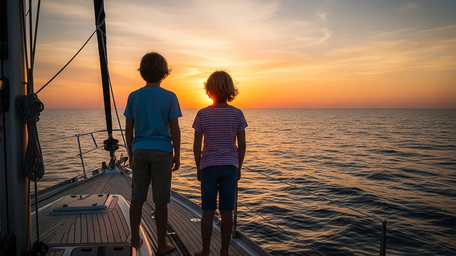 Two children enjoying the view on the deck of a boat during a blue cruise in Gocek or the Aegean coasts. An unforgettable boat holiday experience for families.